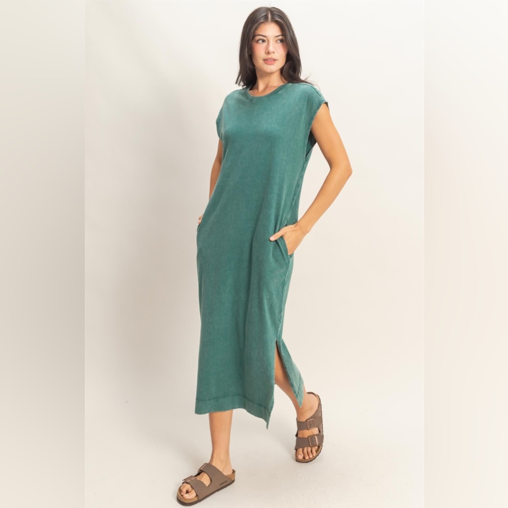 HYFVE Women's 100% Cotton Mineral Wash Cap Sleeve Midi Dress in Green